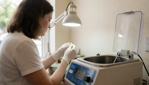 Un professionnel porte des gants pour inspecter minutieusement une bague après un nettoyage aux ultrasons, assurant la qualité du travail de restauration.