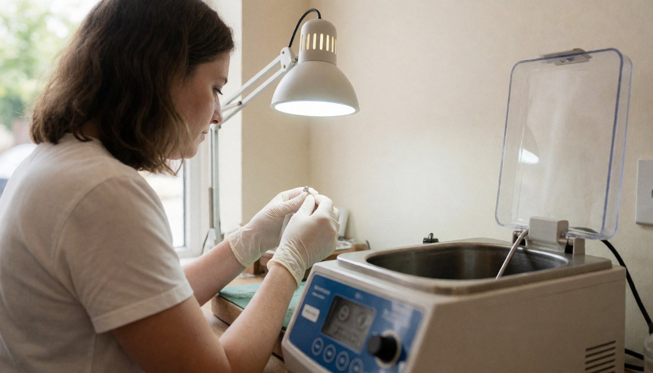 Un professionnel porte des gants pour inspecter minutieusement une bague après un nettoyage aux ultrasons, assurant la qualité du travail de restauration.