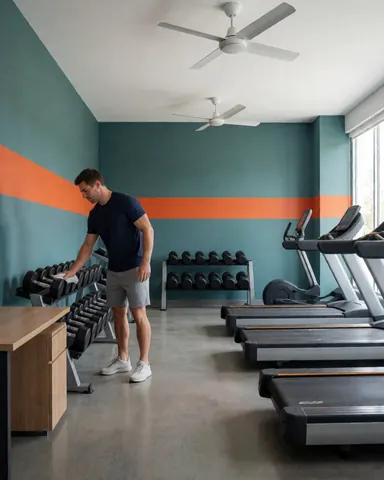 Un homme nettoie des poids dans un gymnase moderne avec des murs teal, des bandes orange, des tapis de course et un sol gris. Lumière naturelle par la fenêtre. Scène propre et ordonnée.