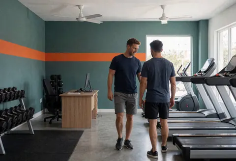 Une propriétaire aide un client lors d'un entraînement dans un petit gymnase moderne avec murs teal, sol gris, machines et mobilier visibles sous lumière naturelle.