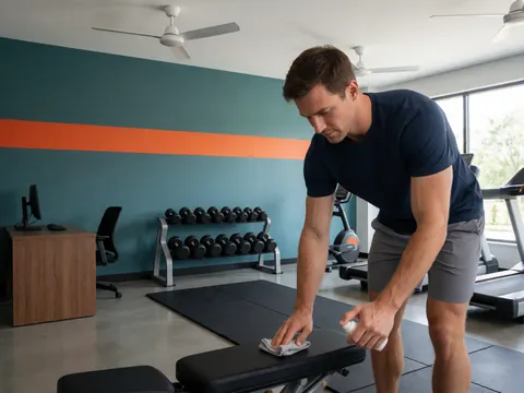 Un homme nettoie un banc dans un gymnase avec des murs turquoise, un sol gris et des équipements visibles. Ventilateurs, haltères et tapis de course en arrière-plan.