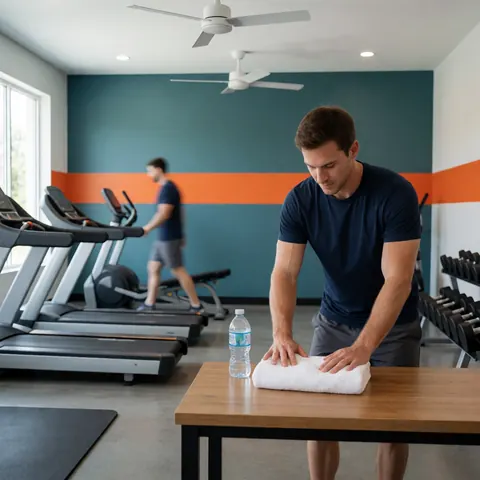 Intérieur d'un petit gym moderne avec tapis, serviettes et eau sur fond flou.