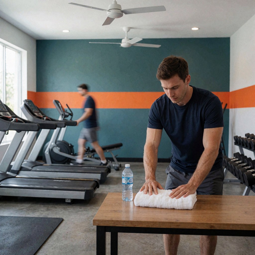 Intérieur d'un petit gym moderne avec tapis, serviettes et eau sur fond flou.