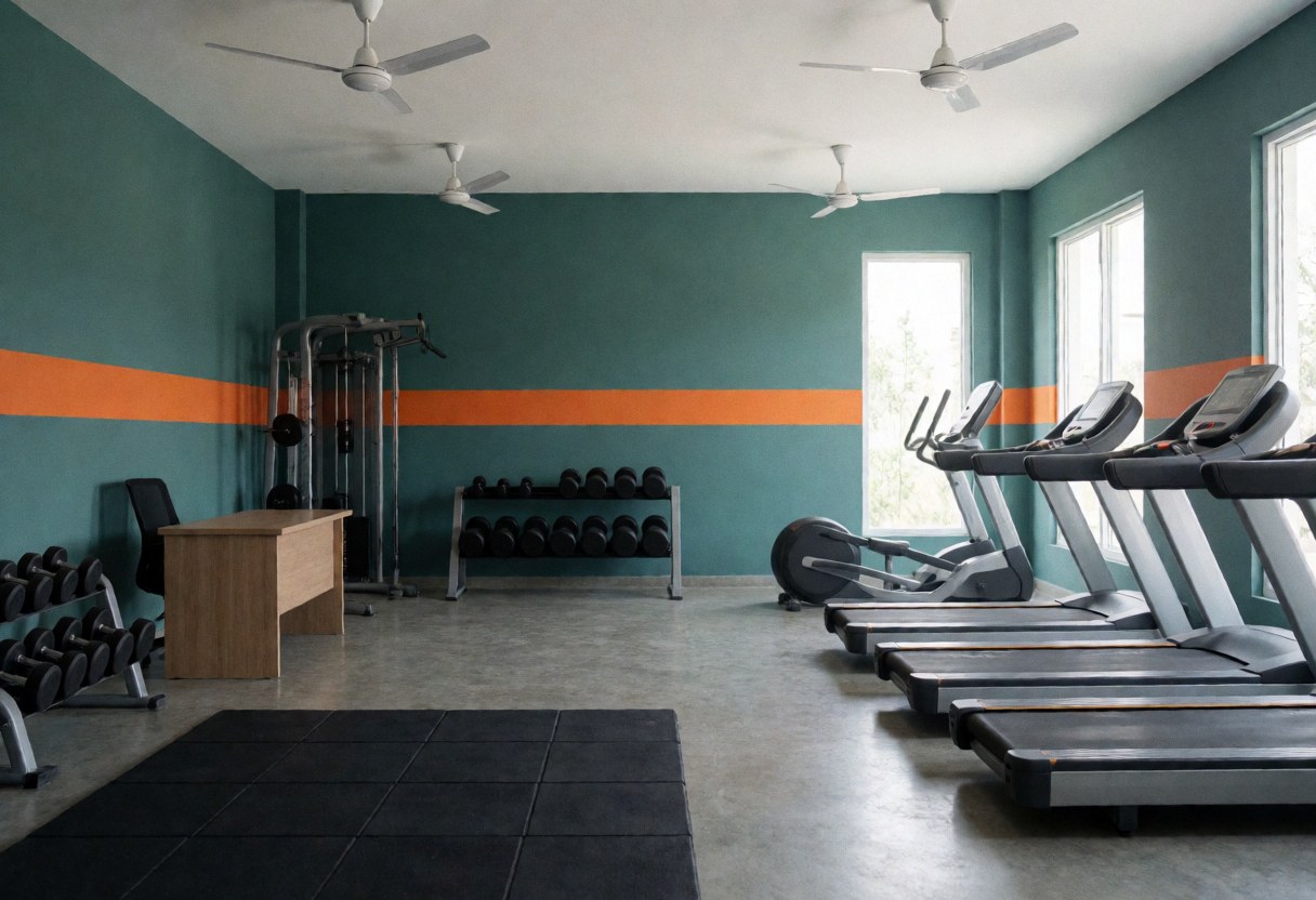 Intérieur d'un petit gymnase indépendant avec murs bleu-vert, sol gris, équipements de fitness et accessoires visibles, éclairage naturel, ambiance propre et fraîche.