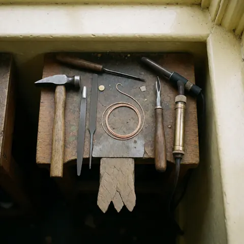 Vue de plusieurs outils de bijoutier disposés sur un établi en bois, éclairage naturel et ambiance professionnelle.