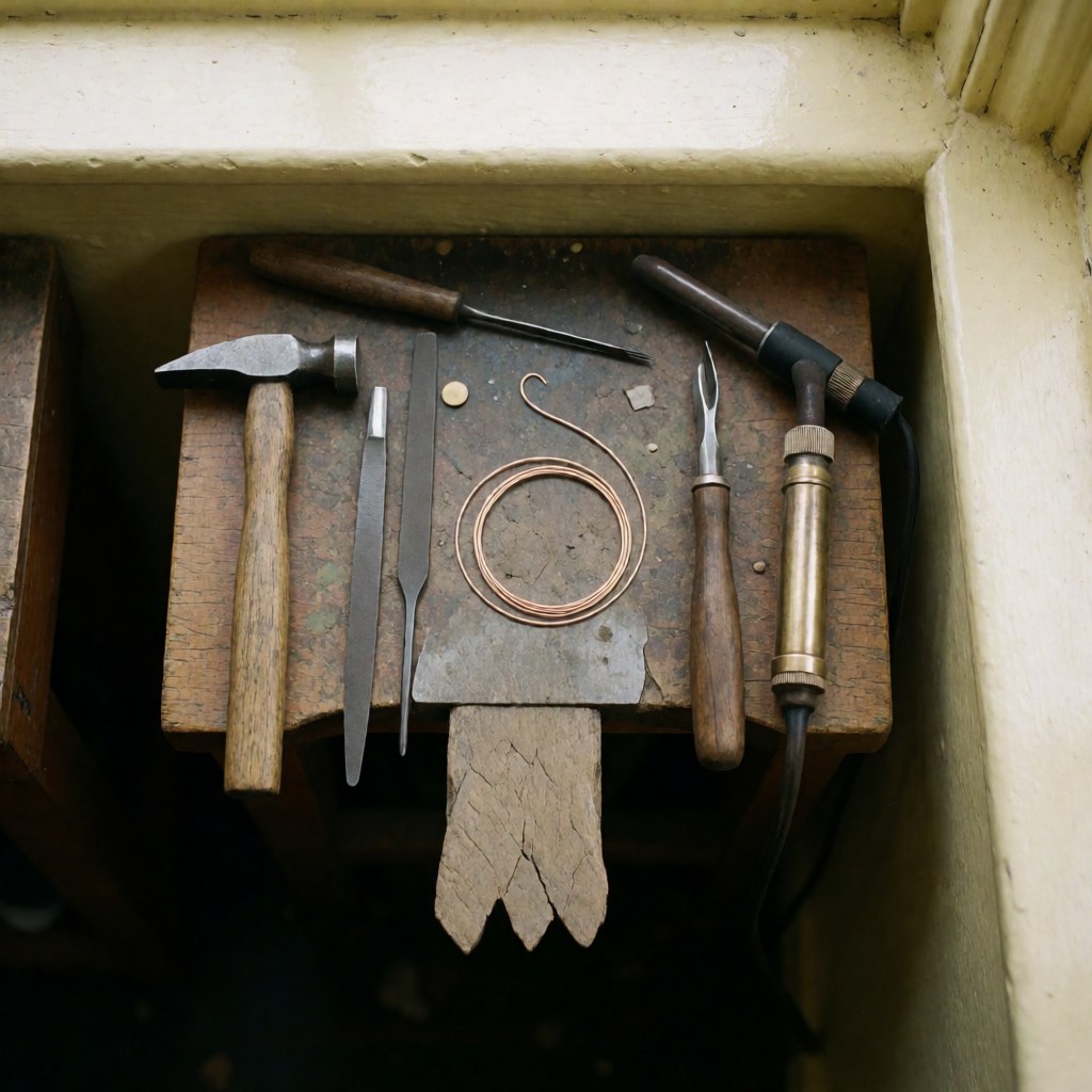 Vue de plusieurs outils de bijoutier disposés sur un établi en bois, éclairage naturel et ambiance professionnelle.