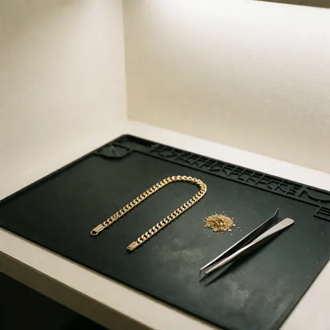Chaîne en or brisée posée sur une surface noire anti-statique, entourée d'outils de précision et de soudure, dans un environnement de travail clair et professionnel.