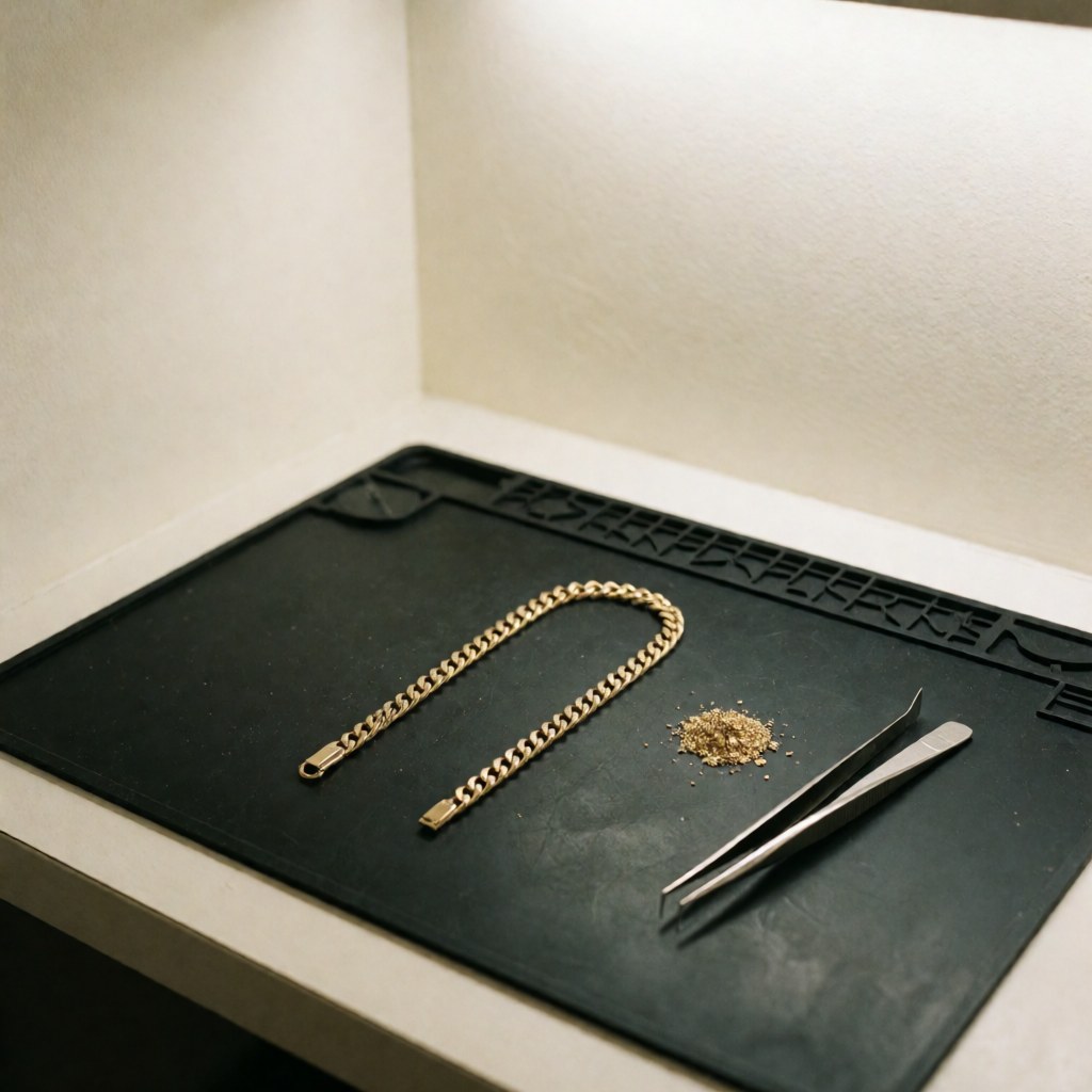 Chaîne en or brisée posée sur une surface noire anti-statique, entourée d'outils de précision et de soudure, dans un environnement de travail clair et professionnel.