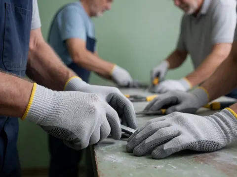 Gros plan détaillé montrant la texture du matériau d'un gant de protection utilisé pour la réparation d'outils en atelier.