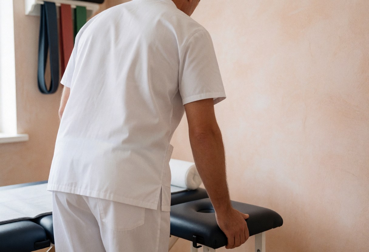 Un physiothérapeute en uniforme blanc ajuste une table d'examen dans un cabinet clinique aux murs terracotta avec des bandes de résistance suspendues.