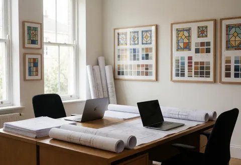 Un bureau de design lumineux avec une grande table en bois, deux ordinateurs portables, des plans architecturaux et des cadres d'échantillons de verre coloré aux murs.