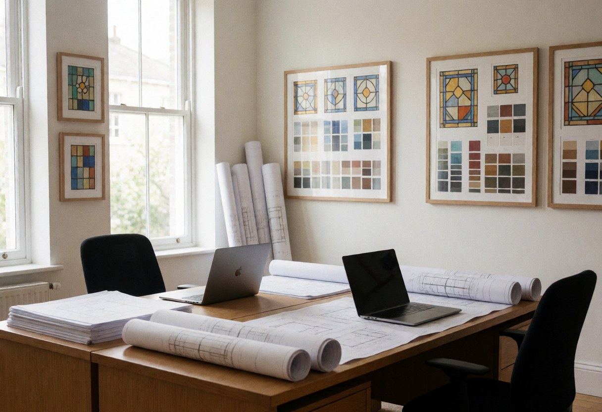 Un bureau de design lumineux avec une grande table en bois, deux ordinateurs portables, des plans architecturaux et des cadres d'échantillons de verre coloré aux murs.