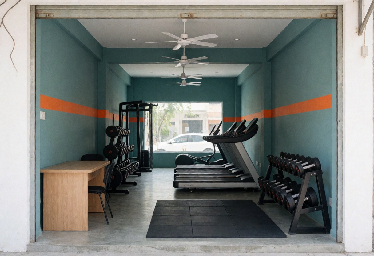 Vue d'un petit gymnase avec murs bleu-vert, sol gris, machines et accessoires visibles, entrée propre et naturelle.