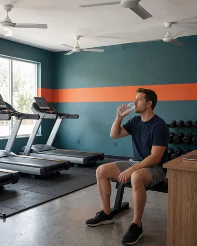 Un homme boit de l'eau après son entraînement sur un tapis de course dans une salle de gym moderne avec lumière naturelle.