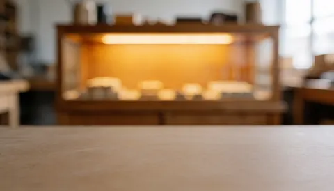 Fond d'atelier avec comptoir en bois et vitrine éclairée, idéal pour textes et branding, ambiance chaleureuse et professionnelle.