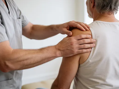 Prise de vue rapprochée montrant des mains effectuant un massage manuel ciblé sur la zone de l'épaule pour soulager les tensions musculaires.