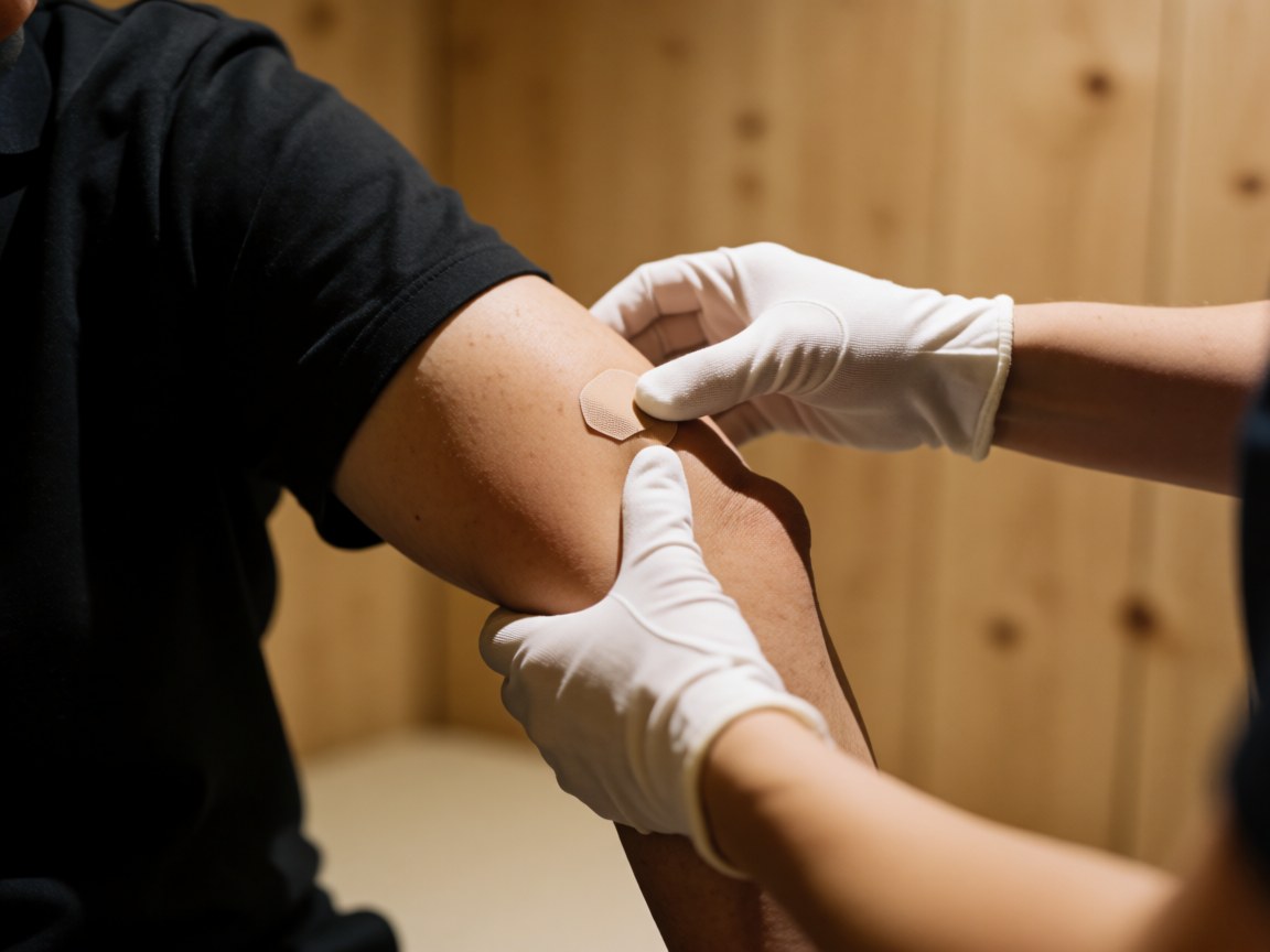 Un thérapeute en gants blancs ajuste avec soin un pansement adhésif sur le coude d'un patient lors d'une séance de rééducation physique.