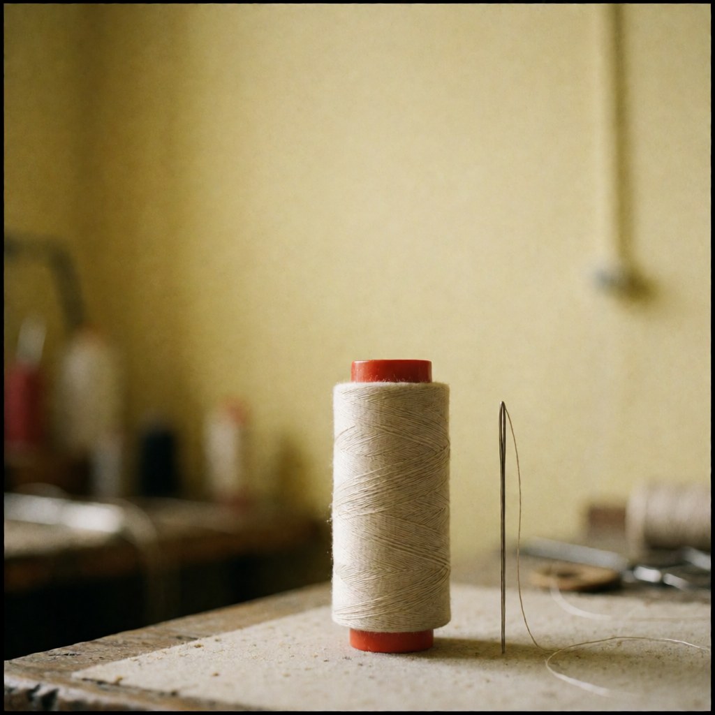 Bobine de fil de coton utilisée par un cordonnier pour la couture et la réparation de chaussures dans son atelier.