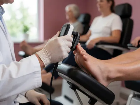 Un podologue avec des gants blancs utilise un appareil numérique pour mesurer la pression du pied d'un patient assis sur une chaise, dans un environnement médical.