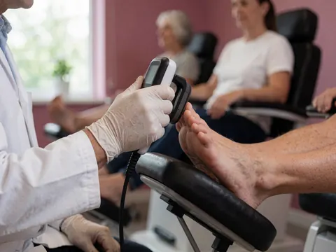Un podologue avec des gants blancs utilise un appareil numérique pour mesurer la pression du pied d'un patient assis sur une chaise, dans un environnement médical.