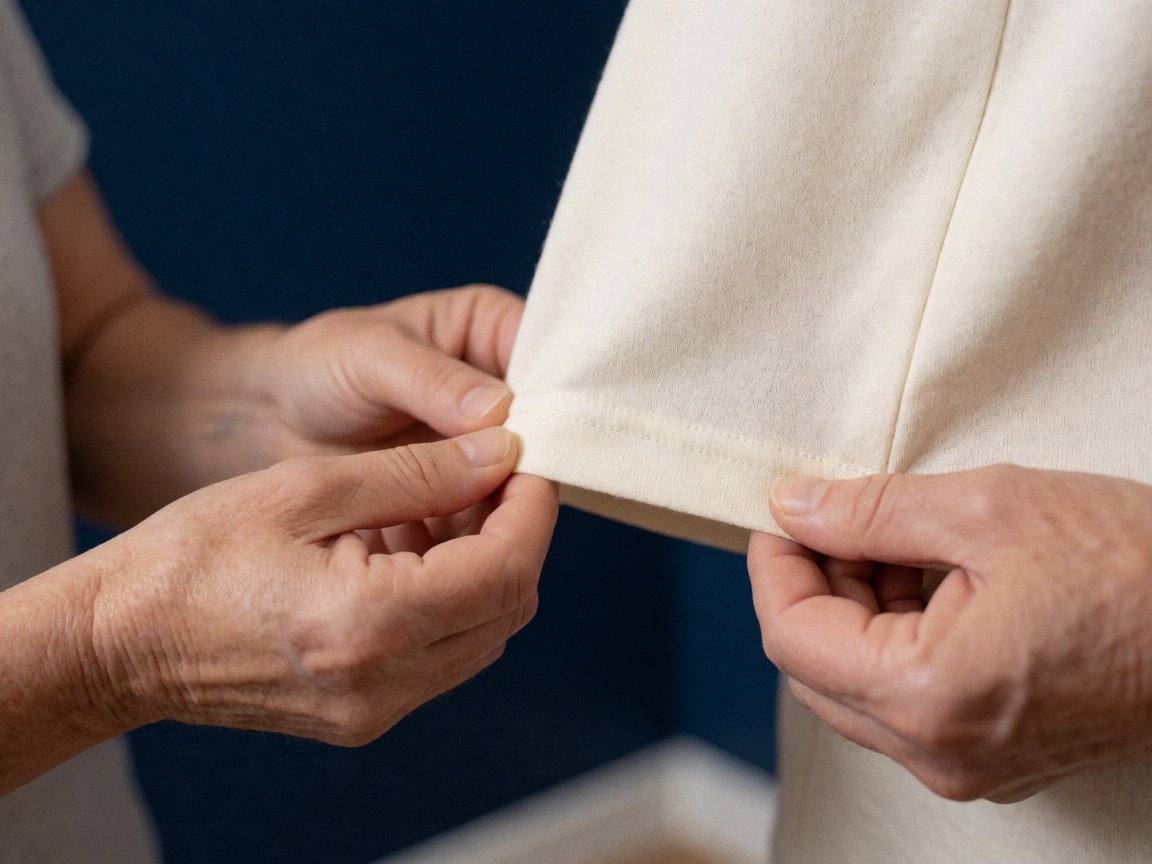 Gros plan sur une texture de tissu bleu foncé avec des mains professionnelles manipulant la matière pour montrer la qualité et l'hygiène.