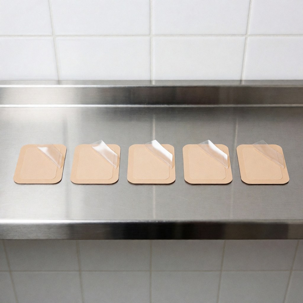 Cinq patchs transdermiques beige avec film transparent partiellement retiré, alignés sur une surface en acier inoxydable brillant, fond de carreaux blancs, scène stérile pour l'ostéopathie.