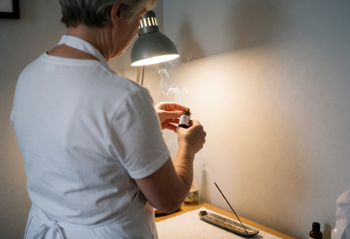 Une praticienne de reiki prépare une huile essentielle de lavande dans son espace de travail, avec un encens qui brûle doucement sous une lumière chaude.