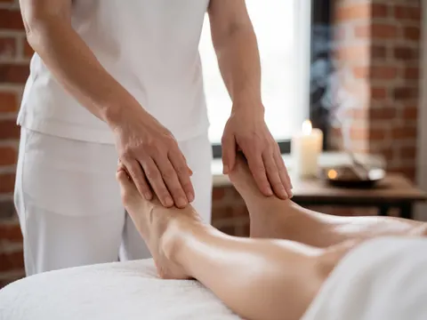 Thérapeute effectuant un massage des pieds sur un client, avec mur en briques, bougies et encens en arrière-plan, ambiance relaxante.