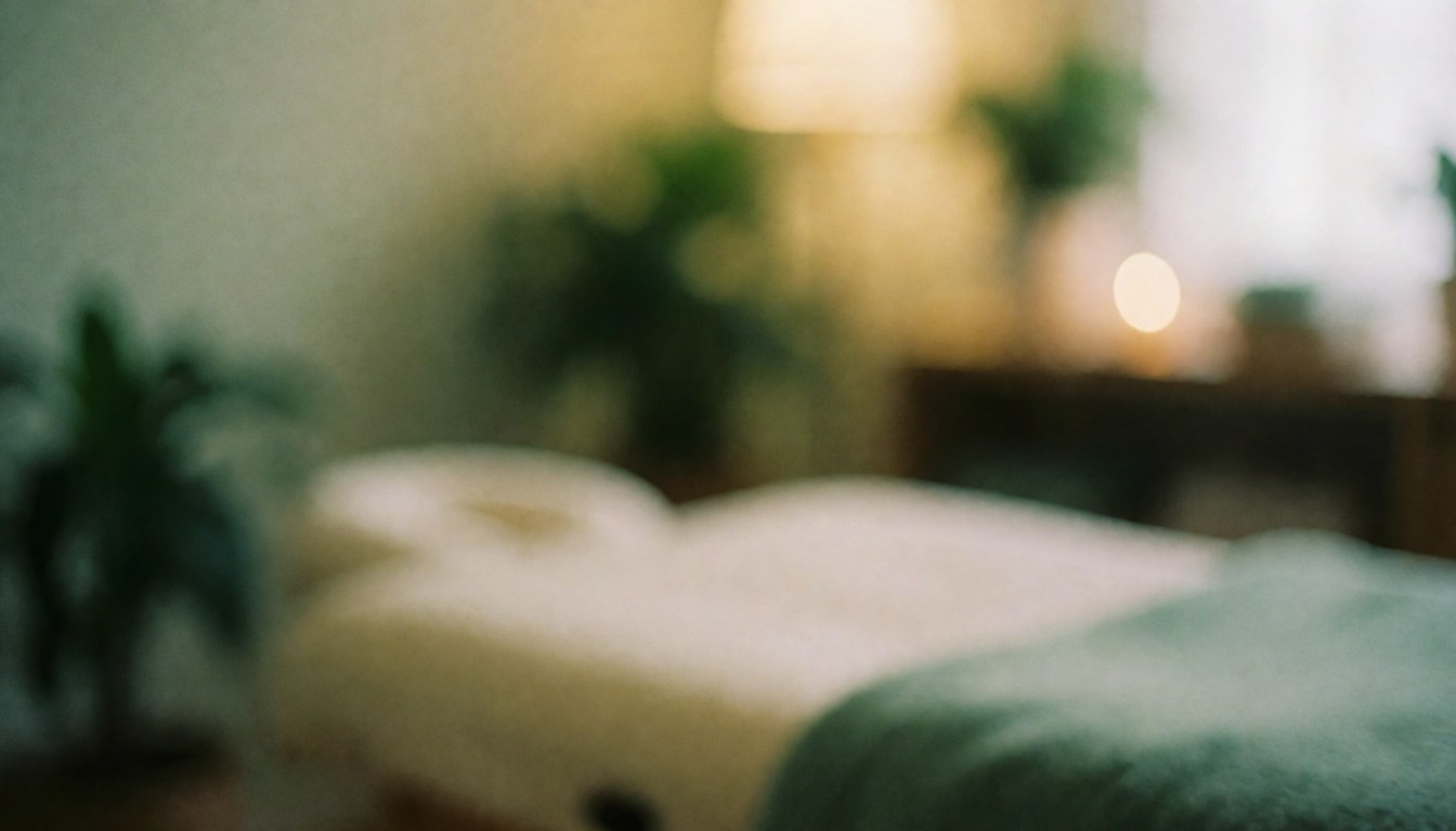 Fond flou d'une salle de reiki avec lit, plantes vertes et lumière chaude, idéal pour textes sur thérapies énergétiques et bien-être.