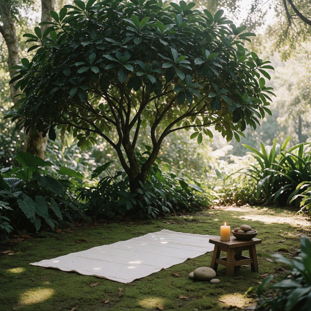 Mousse verte sous une nappe blanche, bougeoir avec bougie, pierres plates, arbre en arrière-plan, lumière naturelle pour relaxation.