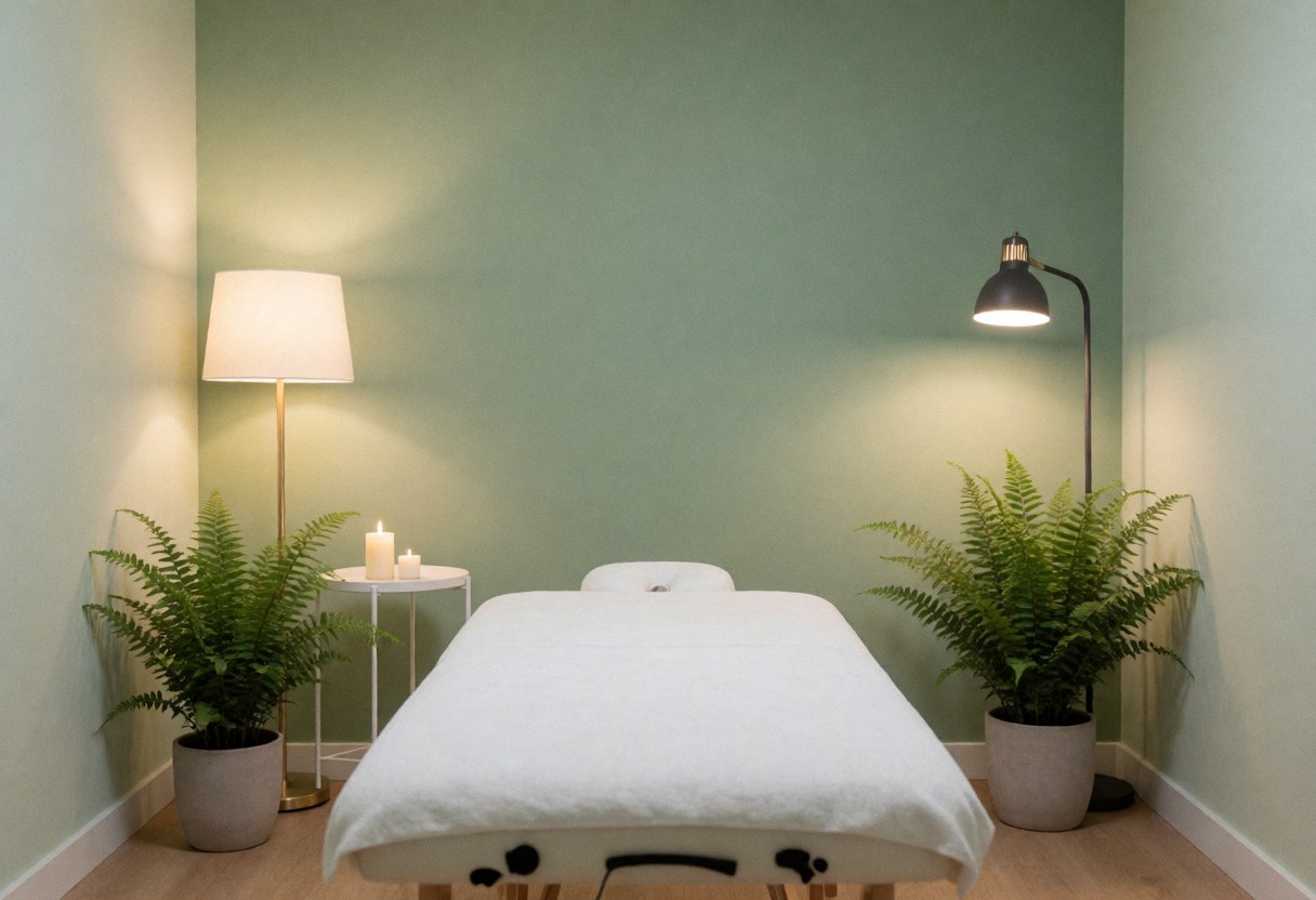 Salle de reiki apaisante avec lit blanc, plantes vertes, bougies allumées et éclairage chaleureux sur murs verts.
