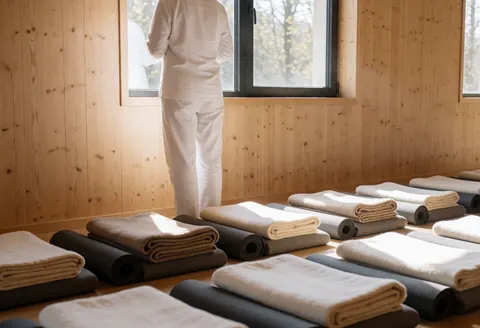 Un praticien en train de préparer un espace pour une séance de reiki ou de méditation.