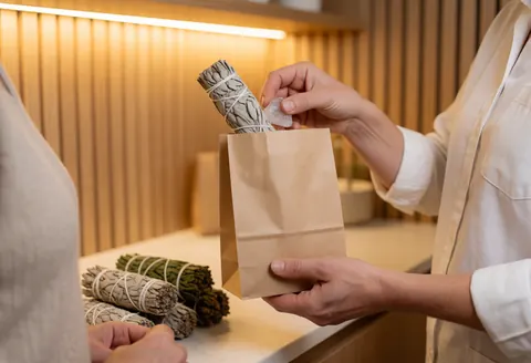 Un professionnel remet un paquet contenant des herbes de sauge et un cristal dans un environnement chaleureux et naturel, adapté aux services de bien-être.