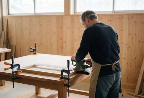 Un artisan effectue un limage à la main sur une surface en bois dans son atelier avec des outils visibles.