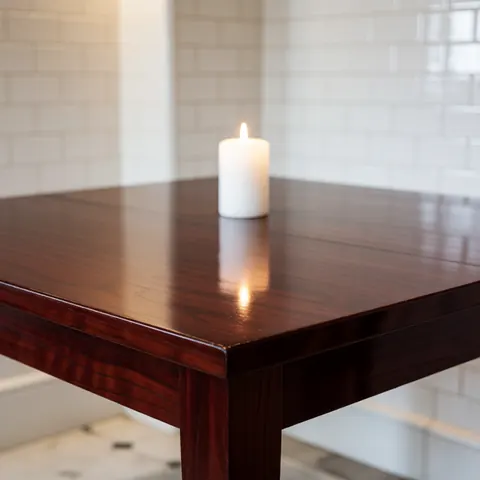 Une table brillante conçue pour des événements, mettant en valeur son design élégant et sa finition soignée.