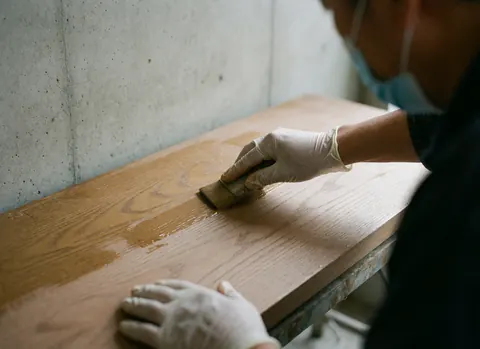 Main gantée appliquant de la cire mate sur une surface en bois poli avec un pinceau, sur fond de mur en béton.