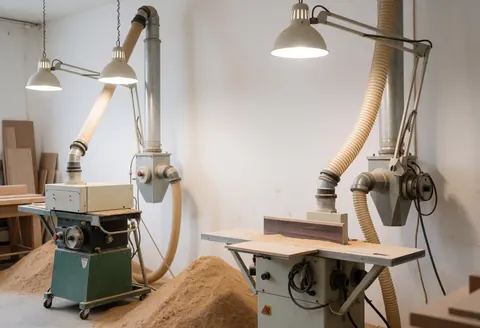 Vue intérieure d'un atelier professionnel dédié à la réparation de meubles, montrant une zone de ponçage équipée d'une machine et d'un système d'aspiration pour capturer les particules de bois.