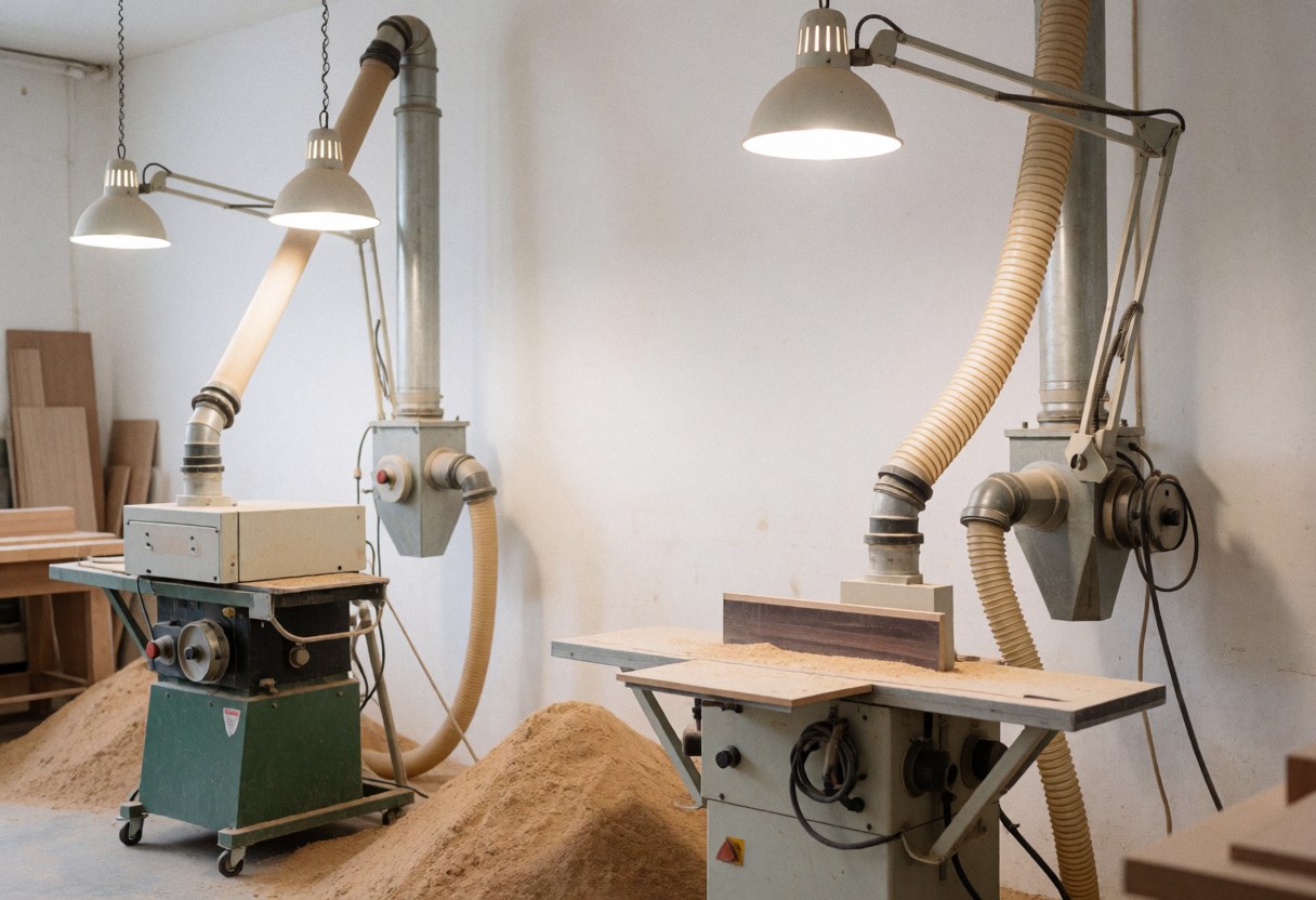 Vue intérieure d'un atelier professionnel dédié à la réparation de meubles, montrant une zone de ponçage équipée d'une machine et d'un système d'aspiration pour capturer les particules de bois.