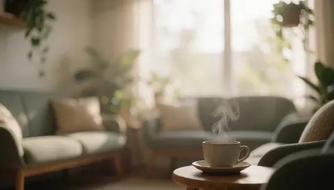 Coin reposant avec canapés, plante verte et tasse de thé fumante. Idéal pour illustrer le bien-être et les thérapies holistiques.
