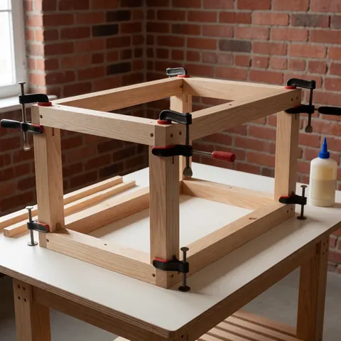 Table en bois en construction avec des clous et de la colle dans un atelier aux murs de briques rouges.