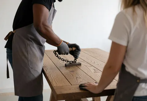 Un menuisier portant gants et tablier utilise une chaîne pour réparer une table en bois tandis qu'une autre personne observe le processus de travail.