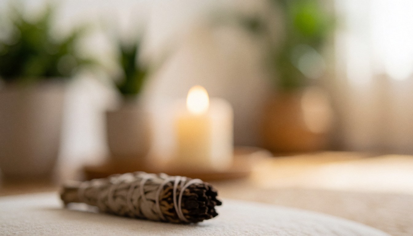 Arrière-plan apaisant pour textes sur le bien-être, montrant des bougies allumées, du feuillage vert et une branche de sauge.