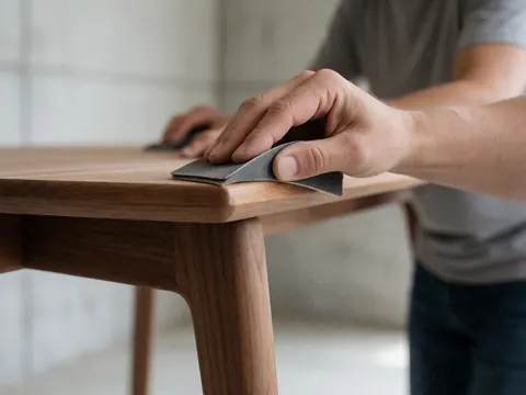 Gros plan montrant les détails d'une finition soignée sur une surface en bois lisse et brillante.