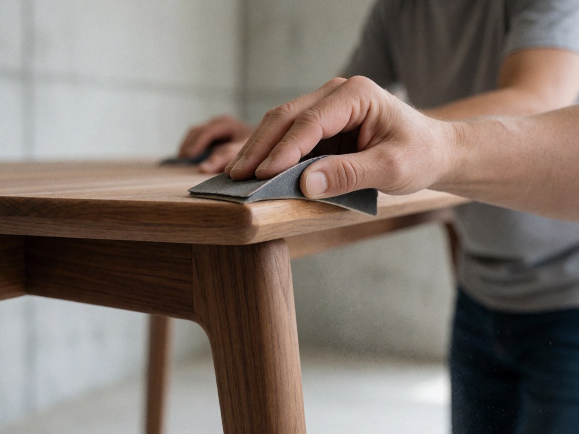 Gros plan montrant les détails d'une finition soignée sur une surface en bois lisse et brillante.