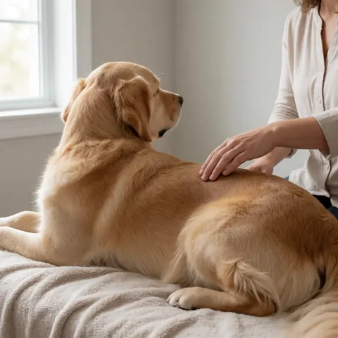 Un chien doré se repose sur une couverture douce pendant qu'une main de thérapeute effectue un massage sur son dos, baigné de lumière naturelle.