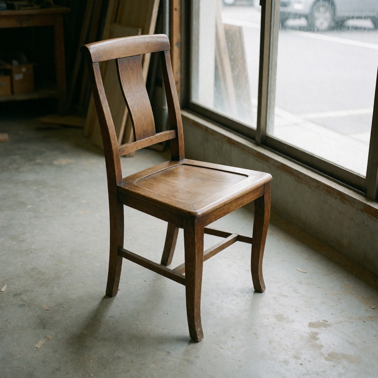 Une chaise en bois restaurée est posée sur une surface en béton dans un atelier, baignée de lumière naturelle provenant d'une fenêtre.