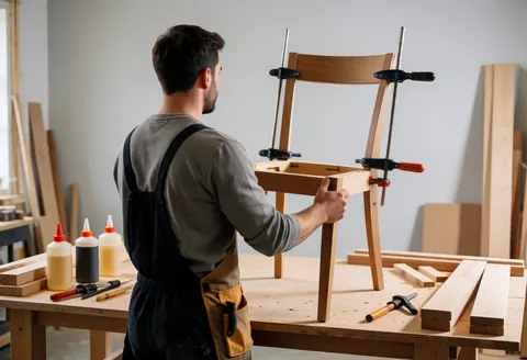 Un menuisier portant un tablier travaille sur une chaise en bois dans son atelier avec des serre-joints, de la colle et des outils sur une table.