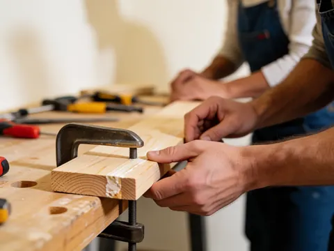 Des mains appliquent de la colle sur une surface en bois, avec un tournevis et des outils visibles dans un atelier de menuiserie.