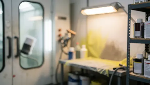 Fond d'atelier de réparation de meubles avec étagère, peinture et lumière chaude, idéal pour les textes de services professionnels.