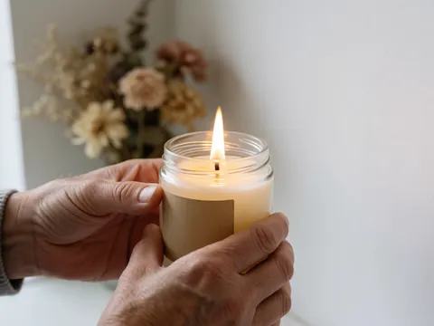 Des mains tenant délicatement un bocal en verre contenant une bougie allumée, entouré de fleurs séchées sur un fond blanc lumineux.